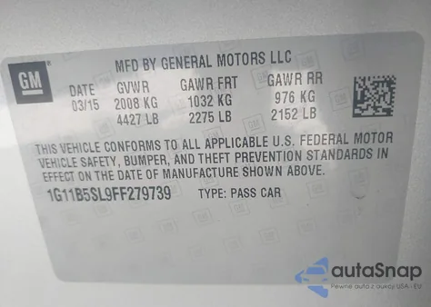 2015 Chevrolet Malibu Ls from USA, damaged, VIN 1G11B5SL9FF279739